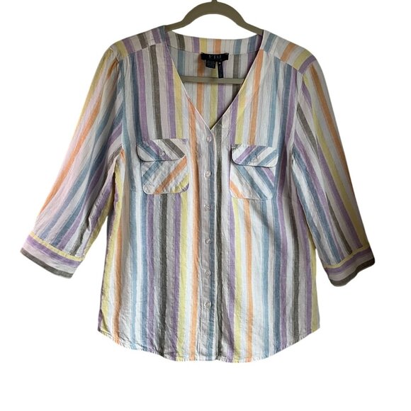 FDJ French Dressing Jeans Medium Striped Linen Blend Shirt Top Multicolor Pastel - Picture 1 of 10